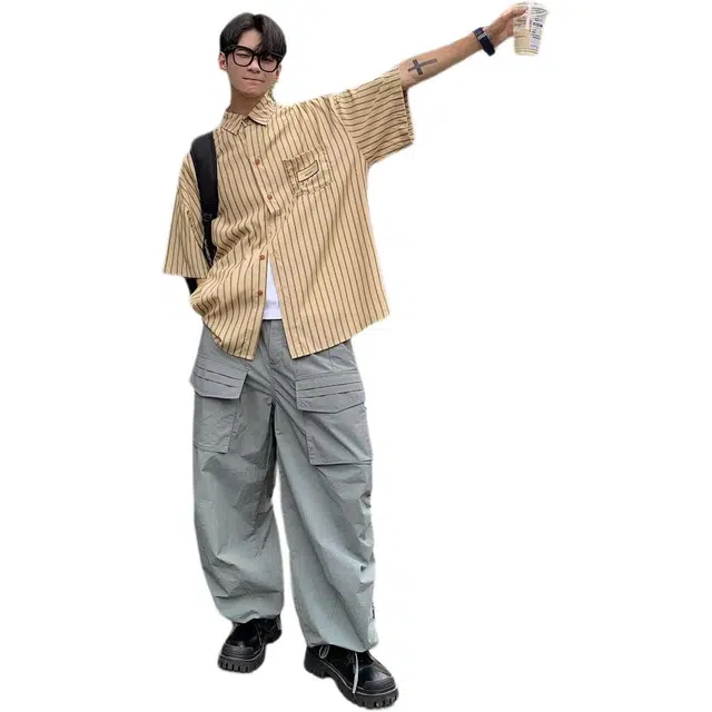 佐菲利 美式复古港风条纹翻领高级感痞帅小众设计感短袖衬衫 男女同款