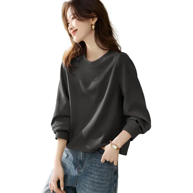 沫晗依美 简约舒适纯色长袖圆领休闲套头卫衣 女款