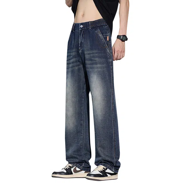协协乐 薄款美式潮牌复古宽松阔腿直筒冰感休闲长裤夏季牛仔裤 男款