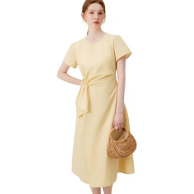 水中花 小个子法式裙子小众设计气质收腰长裙短袖连衣裙 女款