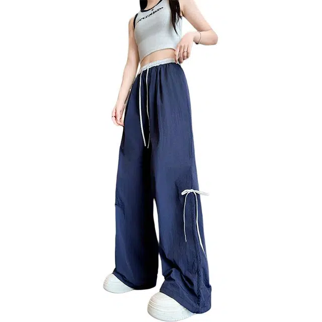 木清清 撞色蝴蝶结女裤夏季垂感宽松运动裤高腰速干阔腿裤工装裤 女款