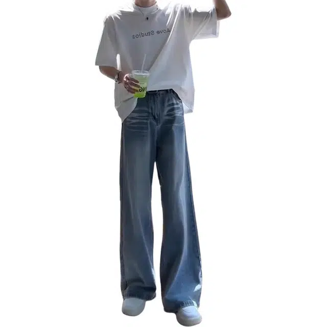 黑马漫画 水洗阔腿猫须纹美式复古高腰直筒微喇牛仔裤 男女同款