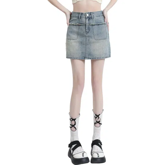 玫丝朵 美式复古经典毛边拼接设计宽松牛仔短裙 女款