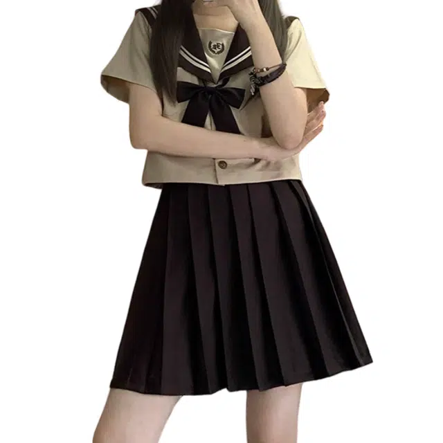 柏黛妃 简约舒适海军领短袖上衣高腰格子短款裙子裙装套装 女款