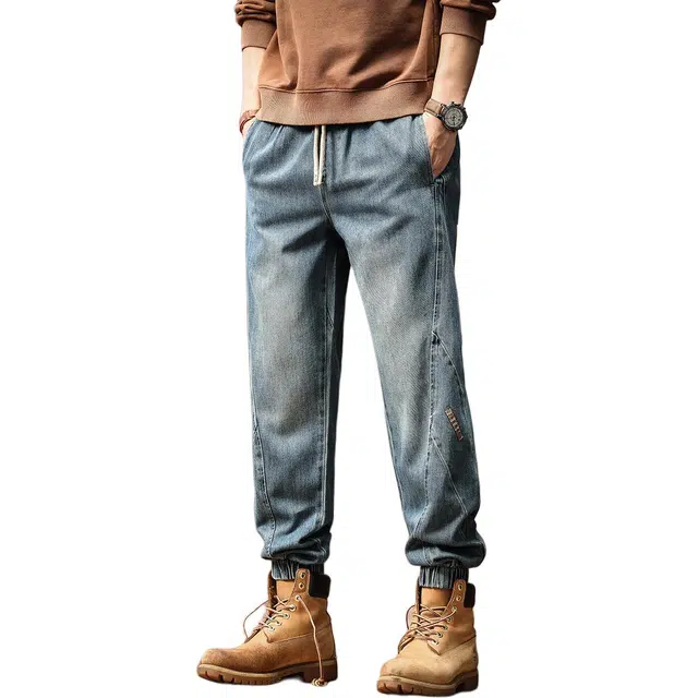 格蓝鹿 束脚日常通勤休闲潮牌薄款复古牛仔裤 男女同款 蓝色