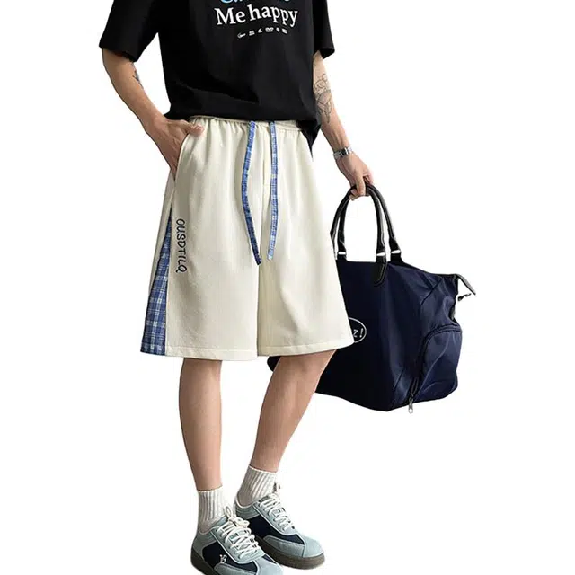 佐菲利 侧边格子拼接夏季薄款外穿篮球复古运动风沙滩五分裤休闲短裤 男款