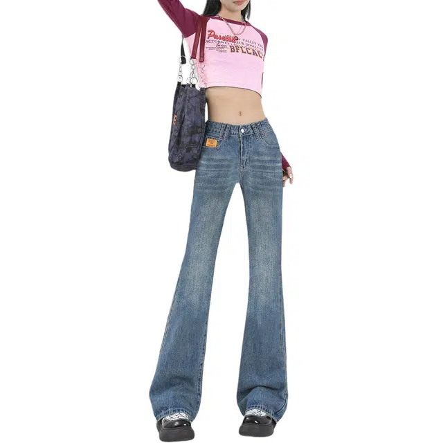 惟熙 喇叭裤高腰小个子修身显瘦微喇叭马蹄裤牛仔裤 女款 复古蓝