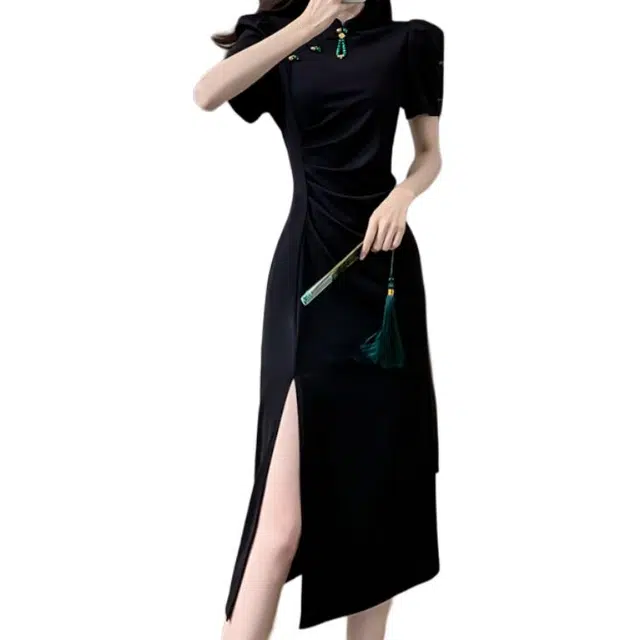 沐晓欣 新中式国风高级感修身显瘦长款短袖连衣裙 女款