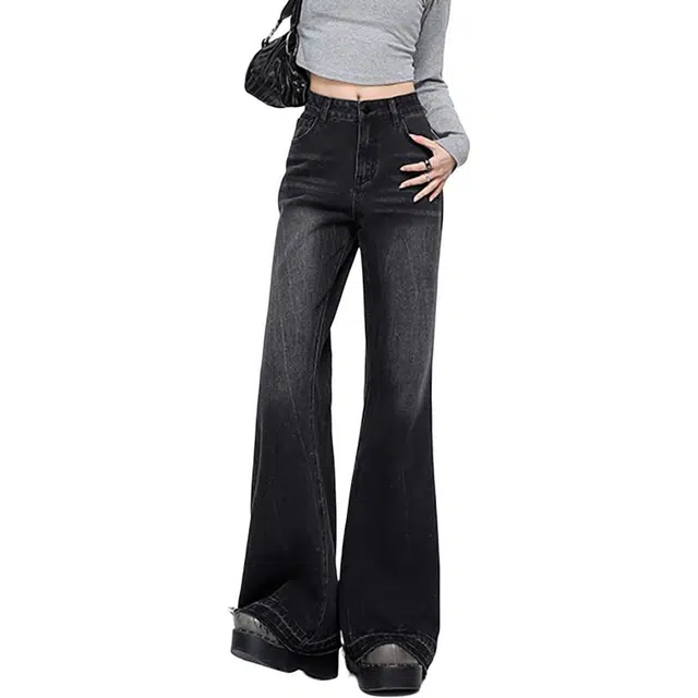 如续 美式高腰微辣毛边设计喇叭裤怀旧水洗百搭辣妹提臀牛仔裤 女款