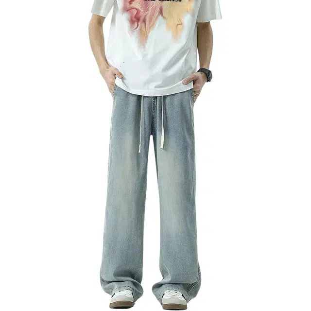 宝米卡 宽松直筒垂感美式水洗阔腿长裤牛仔裤 男女同款