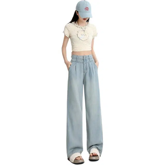 玫丝朵 纯色直筒垂感阔腿高腰牛仔裤 女款