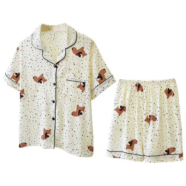 俏韵 翻领夏季卡通云朵棉舒适短袖短裤甜美薄款家居服可外穿睡衣套装 女款