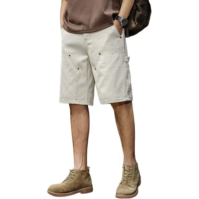 前进牛 美式户外伐木工装高端复古棉质感水洗重磅直筒宽松五分裤牛仔短裤 男女同款