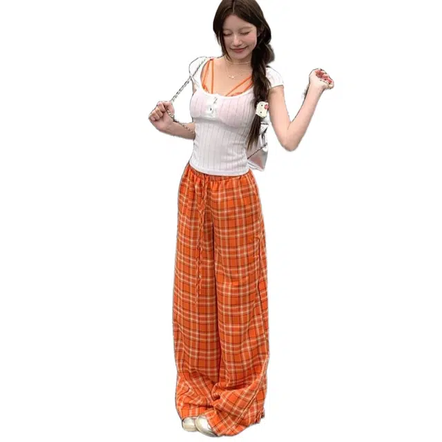 玉儿恋 橙色垂感百搭直筒长裤运动简约休闲裤 女款 格子裤