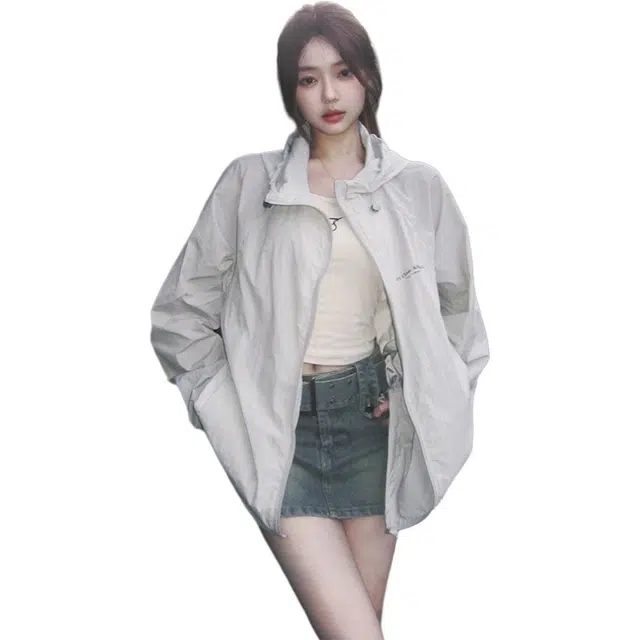 水中花 防晒宽松百搭防紫外线薄款户外截短外套 女款 浅灰色