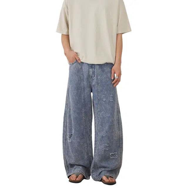 帝狼牛 美式重工洗水怀旧复古刮烂破洞辑明线立体裁剪中性风弯刀牛仔裤 男女同款