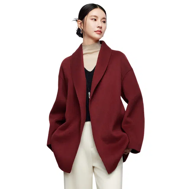 富铤 纯色时尚气质翻领无扣收腰通勤百搭双面呢外套大衣 女款