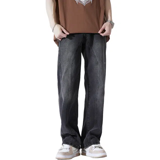 帝狼牛 美式复古痞帅水洗做旧废土风高级感宽松舒适百搭弹力日常通勤阔腿垂感柔软休闲运动直筒牛仔裤 男女同款