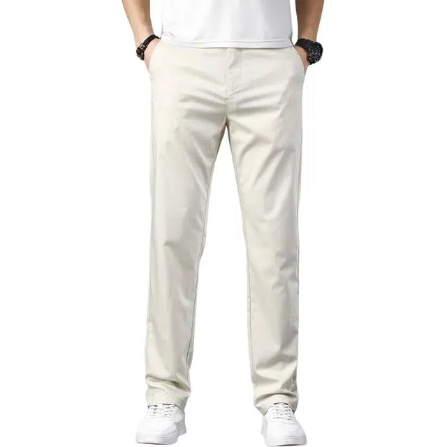 吉肯蒂 高端白色冰丝夏季薄款直筒裤子浅色西裤米白色商务男裤休闲裤 男款