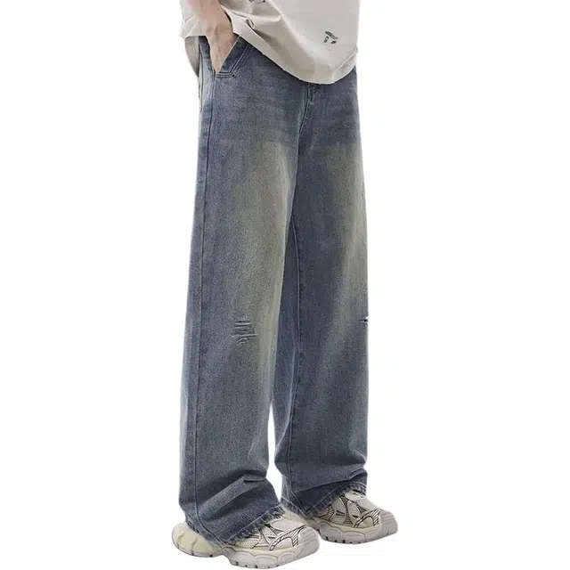 隐狼世家 美式潮牌痞帅猫须水洗破洞做旧宽松阔腿牛仔裤 男款 蓝色