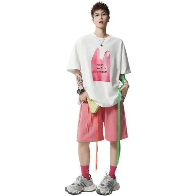 佐菲利 设计感印花短袖夏季重磅宽松百搭美式复古五分袖休闲运动套装 男款