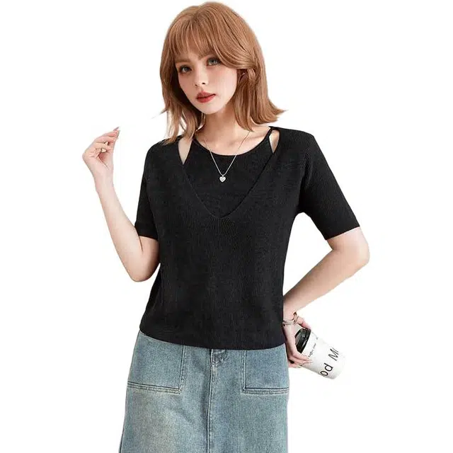 法文箱子 气质舒适百搭短袖针织衫 女款