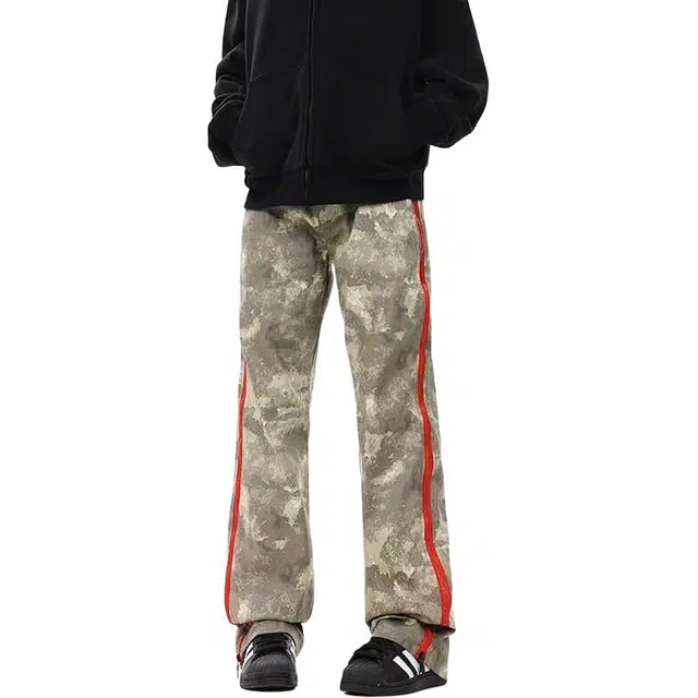 极限涡轮 美式街头嘻哈迷彩裤拉链开衩高街小众宽松直筒休闲工装长裤子牛仔裤 男女同款