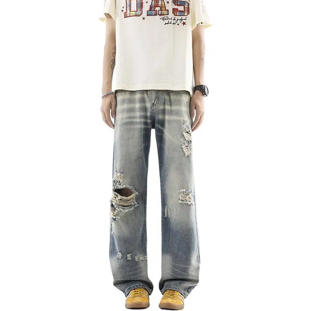 单爵 美式宽松破洞薄款直筒牛仔裤 男女同款