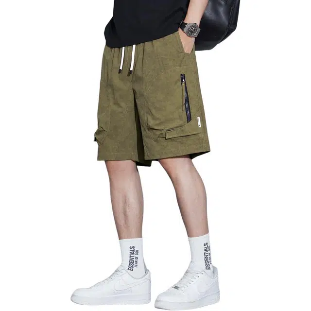 协协乐 冰丝高弹夏季薄款速干凉感透气美式潮牌宽松直筒百搭运动休闲五分中裤工装短裤 男款