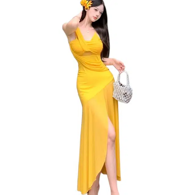 水中花 法式优雅慵懒风清冷长裙收腰网纱拼接开叉设计感吊带连衣裙 女款