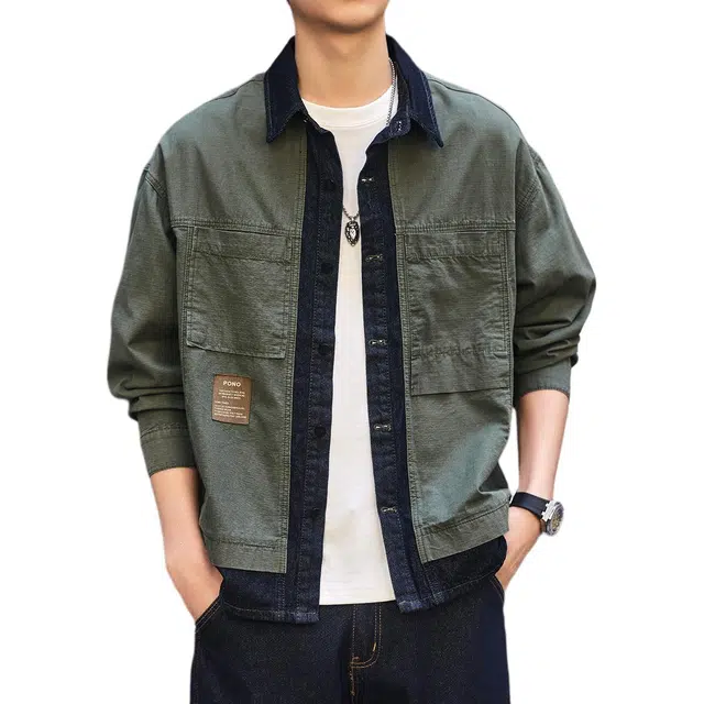 格蓝鹿 春季 松弛显高显瘦基础简约高端美式设计感拼色工装长袖衬衫 宽松型 男女同款