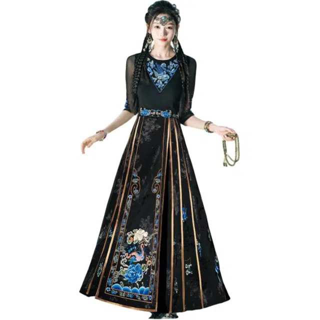 荟萃阁 新中式改良汉服重工国风刺绣圆领撞色国潮织金马面裙裙装套装 女款