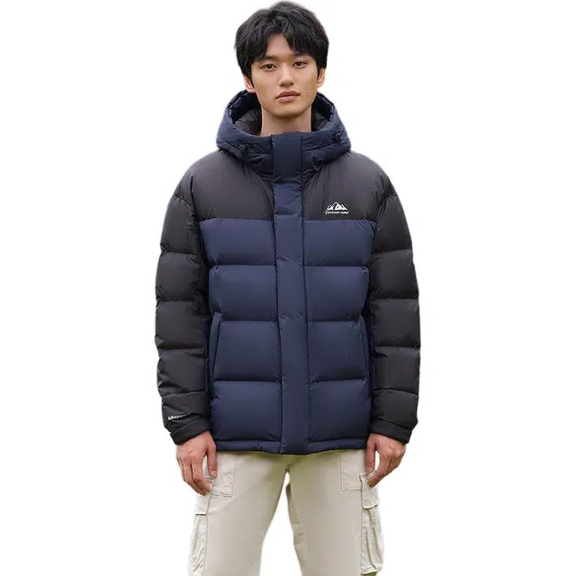 坦博尔 时尚休闲字母印花拼接连帽休闲保暖羽绒服 男款