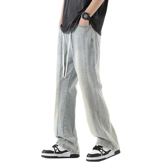 童先森 美式高街做旧舒适百搭潮流时尚拼接长裤牛仔裤 男款