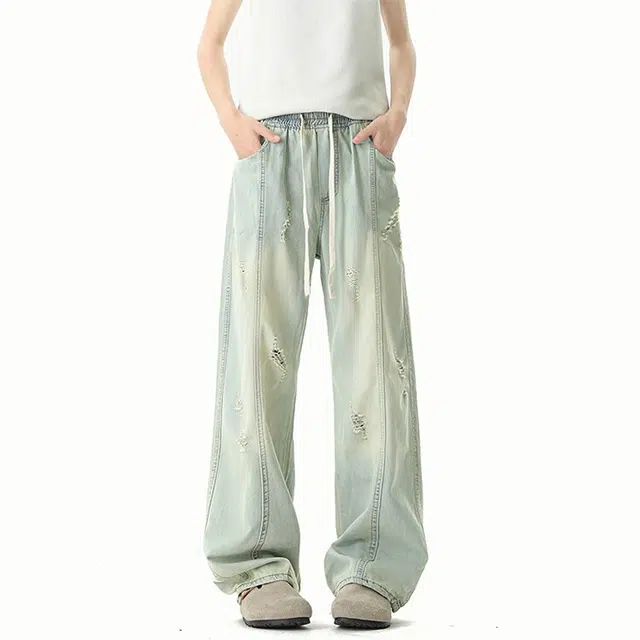 颂希尔 潮牌薄款冰丝破洞美式复古宽松休闲直筒水洗凉感牛仔裤 男女同款