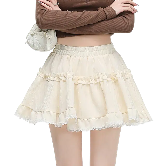 北极绒 芭蕾风蕾丝蛋糕裙半身裙女春夏季高腰防走光小个子裤休闲短裙 女款