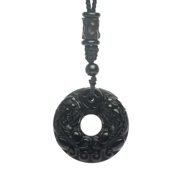 龙弗 国潮小众雕刻貔貅平安扣文玩 黑曜石 项链 男女同款情侣款