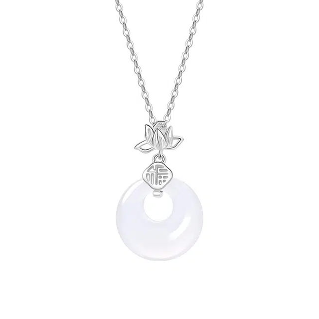 尚仟伊 【福运莲莲】福字莲花平安扣锁骨链 祥云如意转运上岸小众设计温柔优雅幸福顺遂天然 玉髓 项链 女款