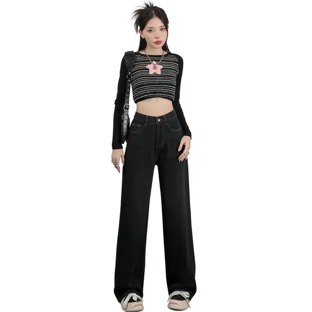 玫丝朵 美式复古高腰宽松直筒牛仔裤 女款
