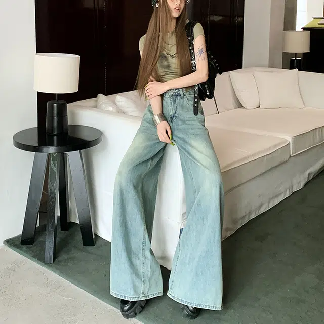玫丝朵 高腰宽松阔腿设计感休闲百搭拖地牛仔裤 女款 复古甸蓝