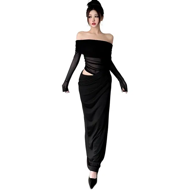 怪力萝莉 轻熟御姐风网纱拼接一字肩心机镂空露腰显瘦长裙长袖连衣裙 女款