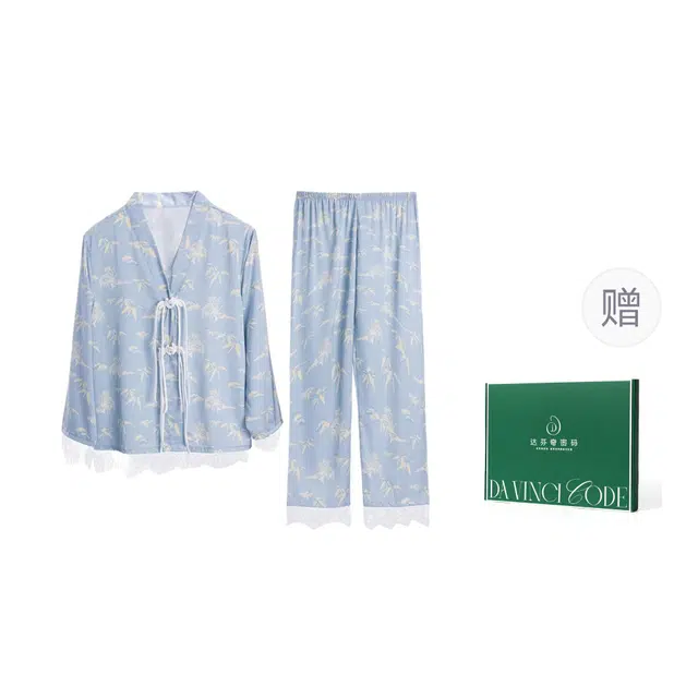 达芬奇密码 新中式国风优雅女士蕾丝边家居服春秋睡衣套装 女款 礼盒装