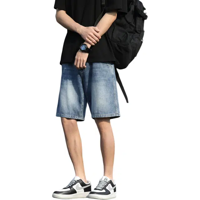 瑞梵帝斯 夏季韩版潮流薄款美式复古街头经典品牌设计无性别主义半松紧腰宽松弹力透气舒适柔软亲肤直筒纯色中腰牛仔五分裤男生短裤 男款