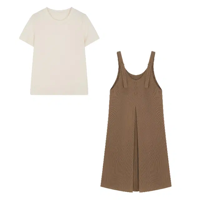 潞优野 休闲宽松压褶显瘦设计感背带裙裙装套装 女款