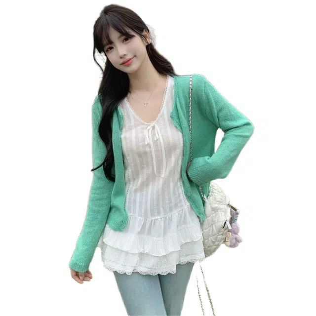 费尔岛上的猫 纯欲少女蕾丝蛋糕下摆无袖背心裙百搭叠穿吊带上衣韩系开衫两件套休闲套装 女款