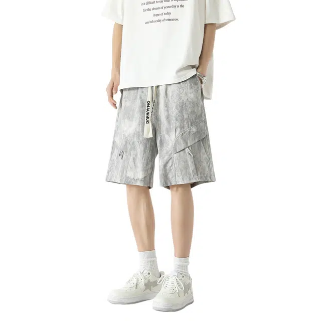 敦煌博物馆 美式复古高街扎染设计感系带中腰工装大口袋宽松薄款日常通勤舒适直筒透气五分休闲短裤 男女同款