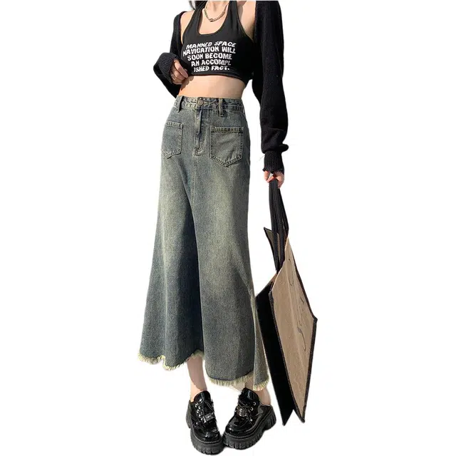 玫丝朵 拼色高腰百搭半身牛仔长裙 女款