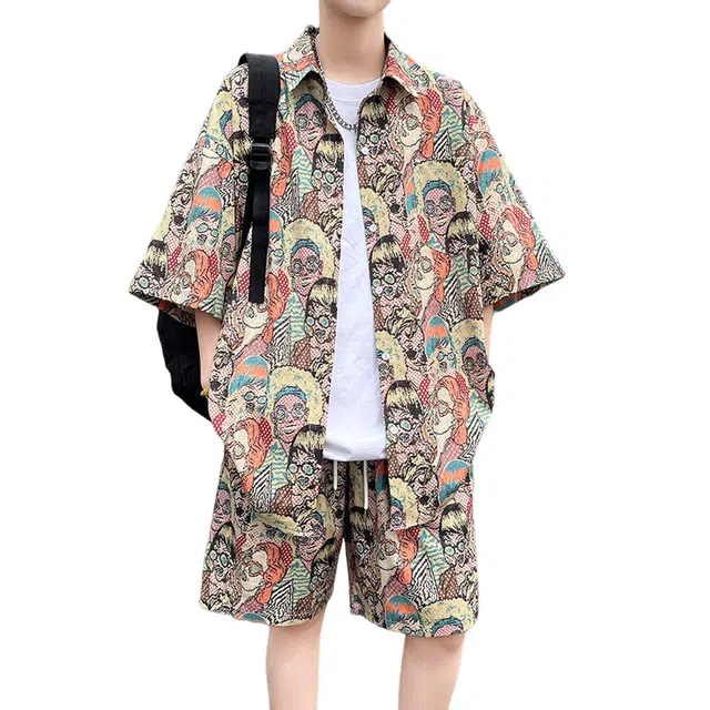 北欧攻略 海边沙滩休闲松弛感慵懒痞帅上衣短袖短裤衬衫套装 男女同款