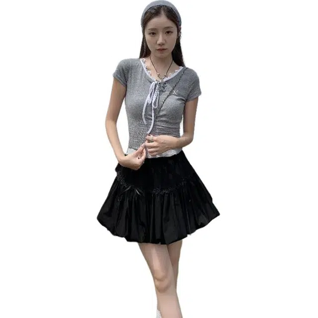 玫丝朵 蕾丝花边蝴蝶结设计防走光灯笼蓬蓬休闲短裙 女款