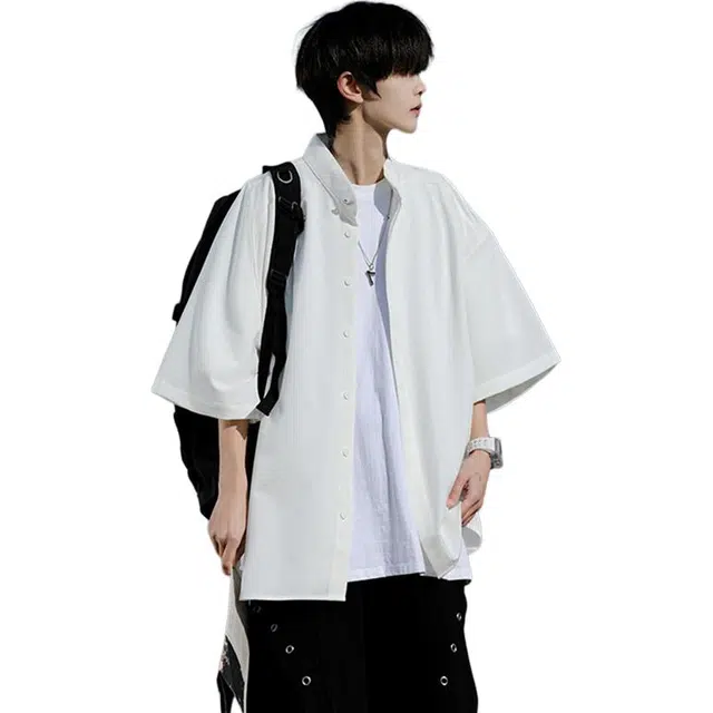 颂希尔 纯色简约新中式宽松休闲百搭短袖衬衫 男女同款